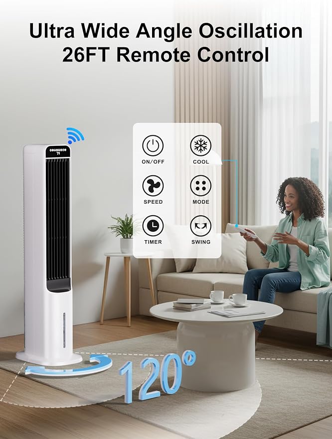 Windowless Portable Air Conditioners, 38" Cooling Fans that Blow Cold Air, Evaporative Air Cooler with 4Modes & 3Speeds, 12H