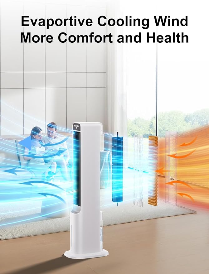 Windowless Portable Air Conditioners, 38" Cooling Fans that Blow Cold Air, Evaporative Air Cooler with 4Modes & 3Speeds, 12H