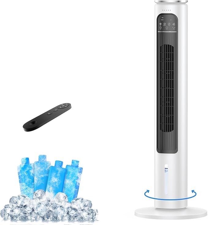 Windowless Portable Air Conditioners, 38’’ Evaporative Air Cooler w/Remote, 2.5L Water Tank & 4 Ice Packs, 12H Timer