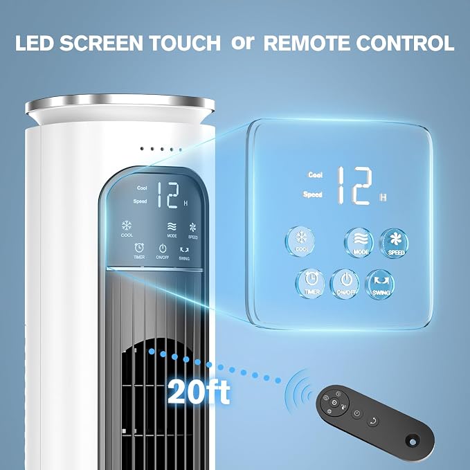Windowless Portable Air Conditioners, 38’’ Evaporative Air Cooler w/Remote, 2.5L Water Tank & 4 Ice Packs, 12H Timer