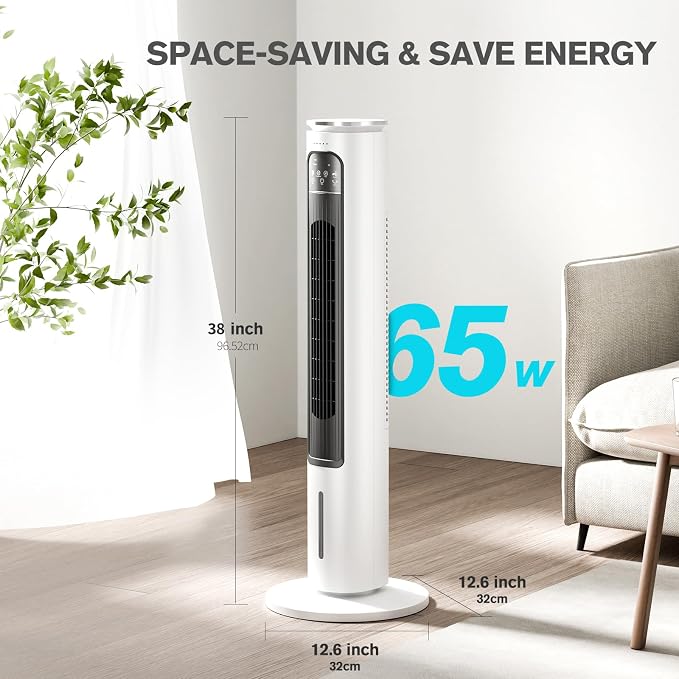 Windowless Portable Air Conditioners, 38’’ Evaporative Air Cooler w/Remote, 2.5L Water Tank & 4 Ice Packs, 12H Timer