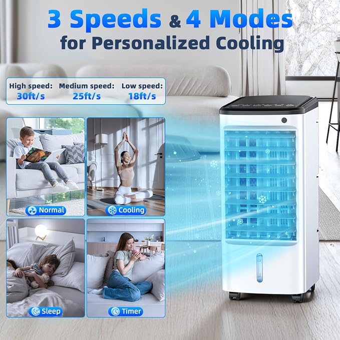Windowless Portable Air Conditioners w/6Ice Packs, 4Modes&3Speeds, 600Sq.ft Swamp Cooler, Dual Tank for 15H Cooling, 12H