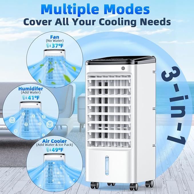 Windowless Portable Air Conditioners w/6Ice Packs, 4Modes&3Speeds, 600Sq.ft Swamp Cooler, Dual Tank for 15H Cooling, 12H