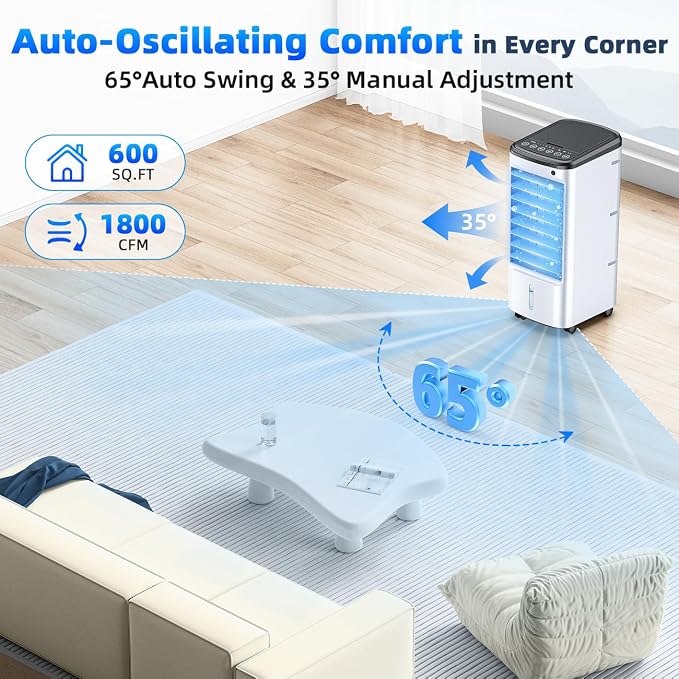 Windowless Portable Air Conditioners w/6Ice Packs, 4Modes&3Speeds, 600Sq.ft Swamp Cooler, Dual Tank for 15H Cooling, 12H