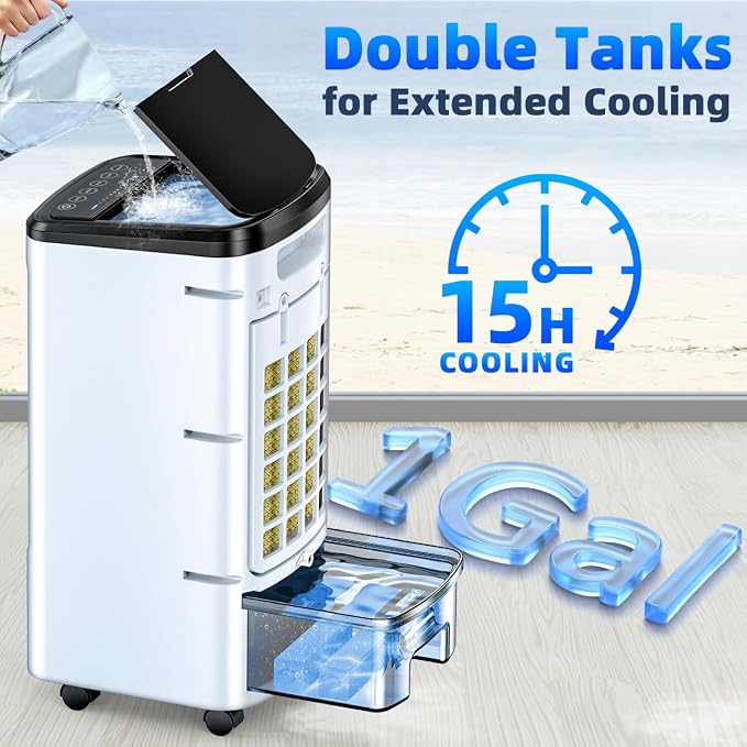 Windowless Portable Air Conditioners w/6Ice Packs, 4Modes&3Speeds, 600Sq.ft Swamp Cooler, Dual Tank for 15H Cooling, 12H