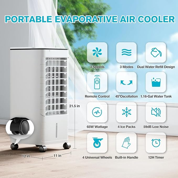 Windowless Portable Air Conditoners, 3-IN-1 Portable AC w/Remote, 12H Timer &1.16Gal Tank, 45° Oscillation, 3 Modes & Speeds