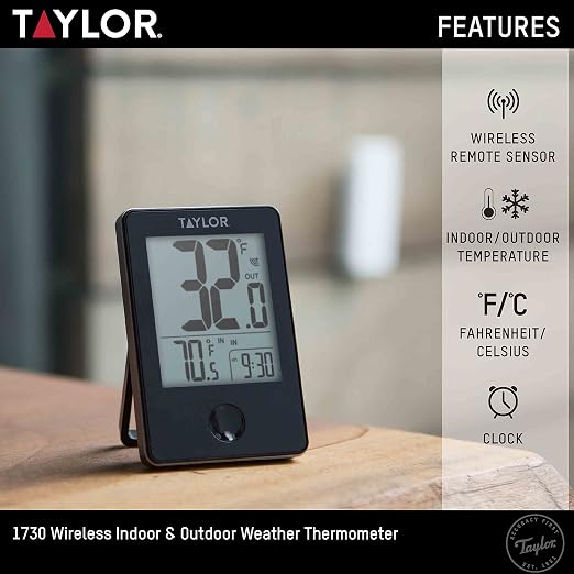 Wireless Digital Indoor Outdoor Thermometer, Easy to Read Numbers for Patio, Pool, and Indoor Areas, LCD, Black 200 ft