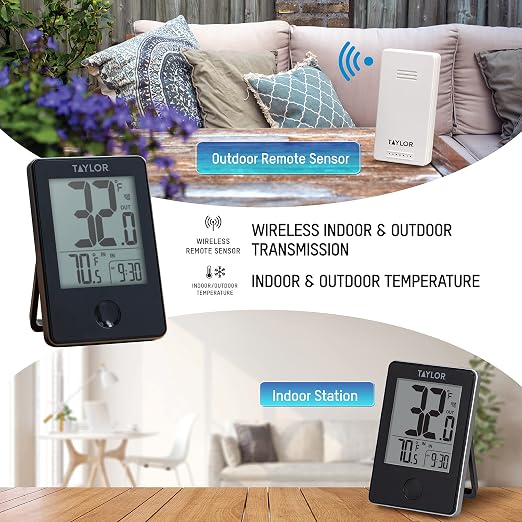 Wireless Digital Indoor Outdoor Thermometer, Easy to Read Numbers for Patio, Pool, and Indoor Areas, LCD, Black 200 ft