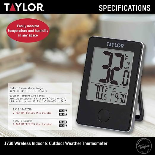 Wireless Digital Indoor Outdoor Thermometer, Easy to Read Numbers for Patio, Pool, and Indoor Areas, LCD, Black 200 ft