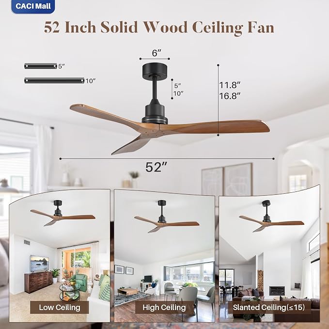Wood Ceiling Fan no Light, Walnut, 52" Ceiling Fan Without Light, Remote Control, Solid Wood 3 Blade Ceiling Fans, Bedroom