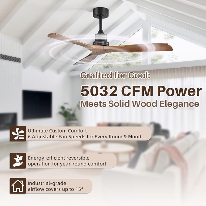Wood Ceiling Fan no Light, Walnut, 52" Ceiling Fan Without Light, Remote Control, Solid Wood 3 Blade Ceiling Fans, Bedroom