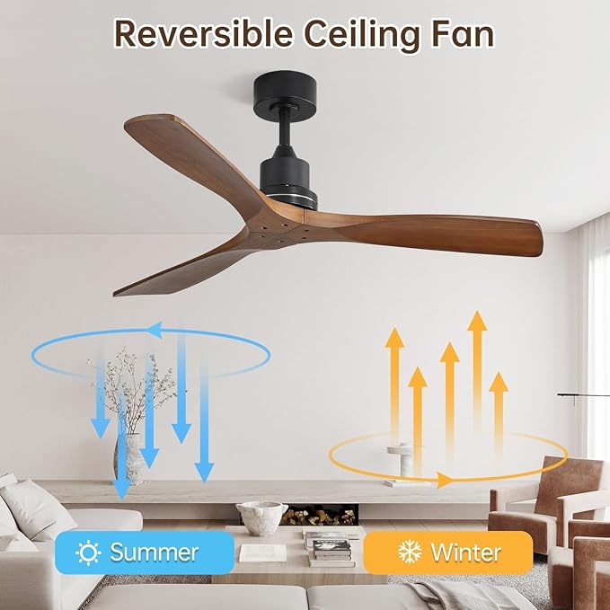 Wood Ceiling Fan no Light, Walnut, 52" Ceiling Fan Without Light, Remote Control, Solid Wood 3 Blade Ceiling Fans, Bedroom