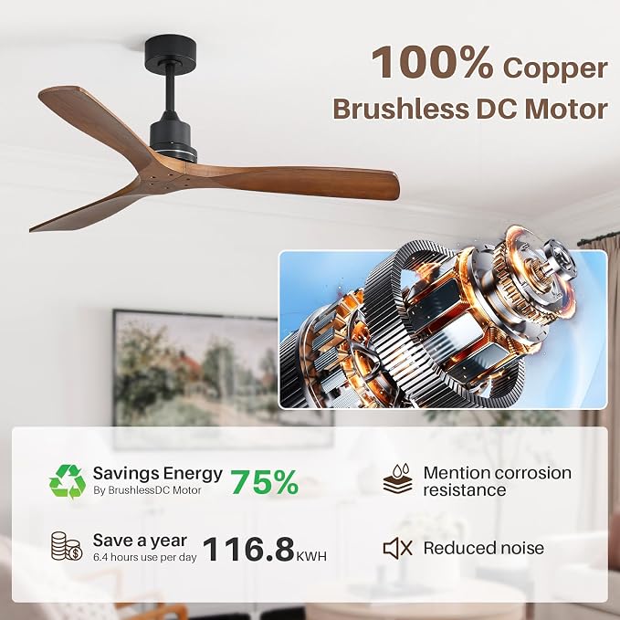 Wood Ceiling Fan no Light, Walnut, 52" Ceiling Fan Without Light, Remote Control, Solid Wood 3 Blade Ceiling Fans, Bedroom