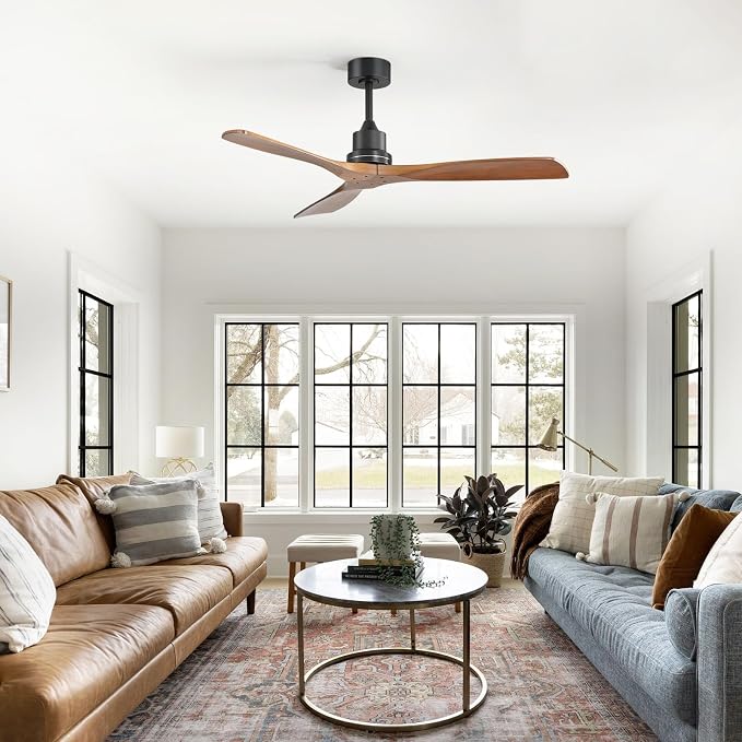 Wood Ceiling Fan no Light, Walnut, 52" Ceiling Fan Without Light, Remote Control, Solid Wood 3 Blade Ceiling Fans, Bedroom