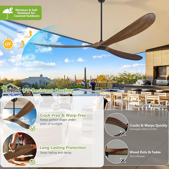 Wood Ceiling Fans without Lights, 84 Inch Extra Large Ceiling Fan no Light with Remote, High CFM Indoor Outdoor Ceiling Fan