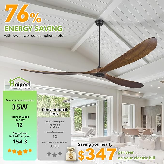 Wood Ceiling Fans without Lights, 84 Inch Extra Large Ceiling Fan no Light with Remote, High CFM Indoor Outdoor Ceiling Fan