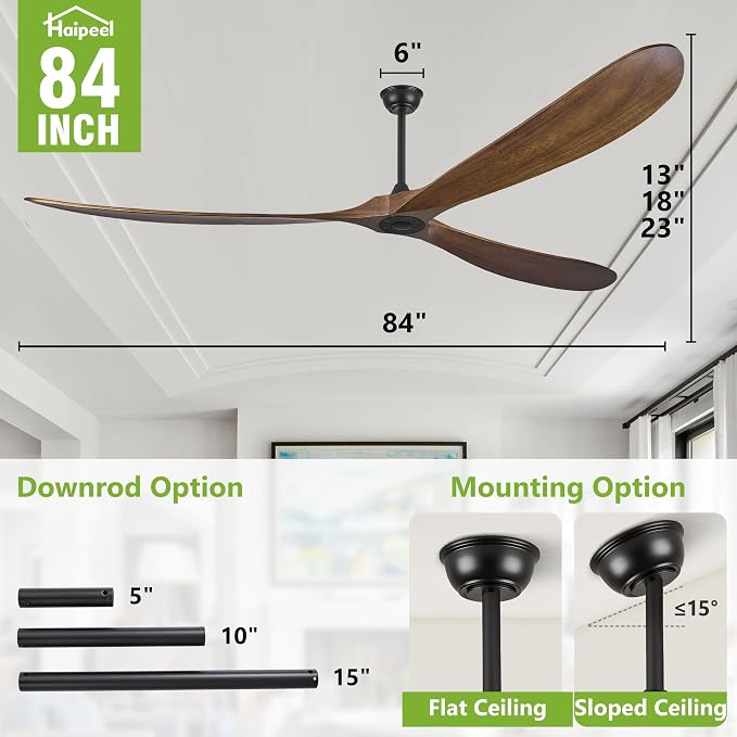 Wood Ceiling Fans without Lights, 84 Inch Extra Large Ceiling Fan no Light with Remote, High CFM Indoor Outdoor Ceiling Fan