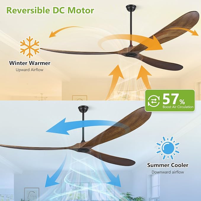 Wood Ceiling Fans without Lights, 84 Inch Extra Large Ceiling Fan no Light with Remote, High CFM Indoor Outdoor Ceiling Fan