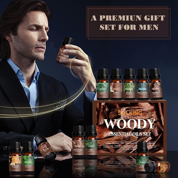 Woodsy Essential Oils Set for Men, Masculine Essential Oils, 12 x 10ml Natural Fragrance Essential Oils for Diffuser, Candle
