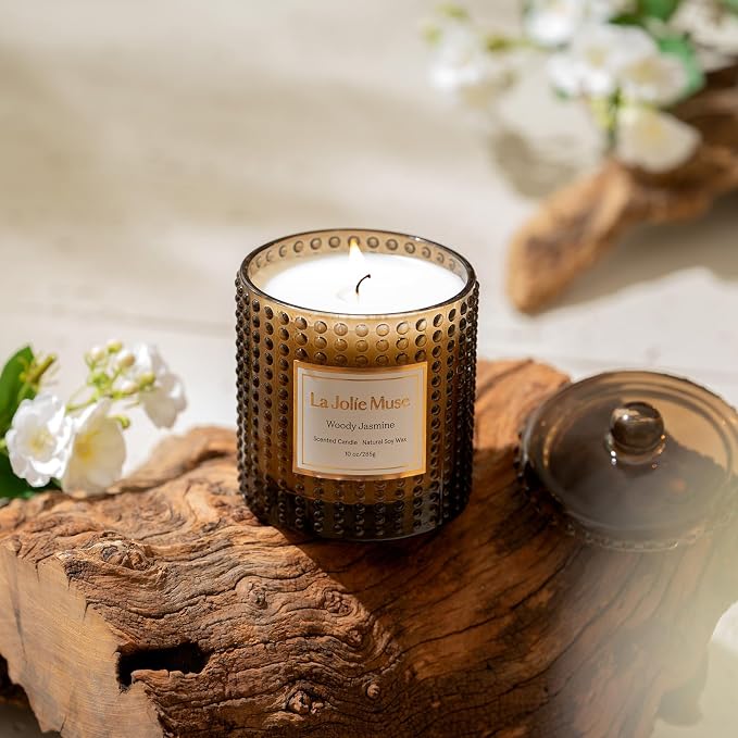 Woody Jasmine Candles for Home Scented, Luxury Candles Gifts for Women, Mother's Day Gift, Natural Soy Wax, 75 Hours 10 OZ