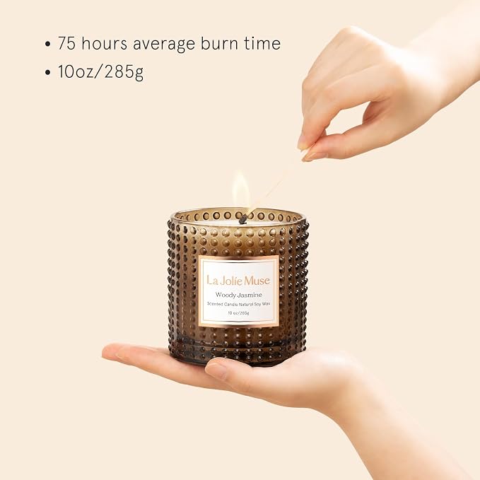 Woody Jasmine Candles for Home Scented, Luxury Candles Gifts for Women, Mother's Day Gift, Natural Soy Wax, 75 Hours 10 OZ