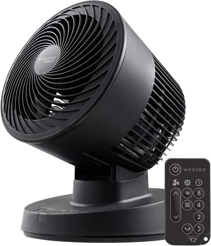 WOOZOO Air Circulator Fan with Remote, Oscillating, 3 Speeds, 56ft Max Air Distance, Adjustable Tilt, Quiet Motor, Small Fan