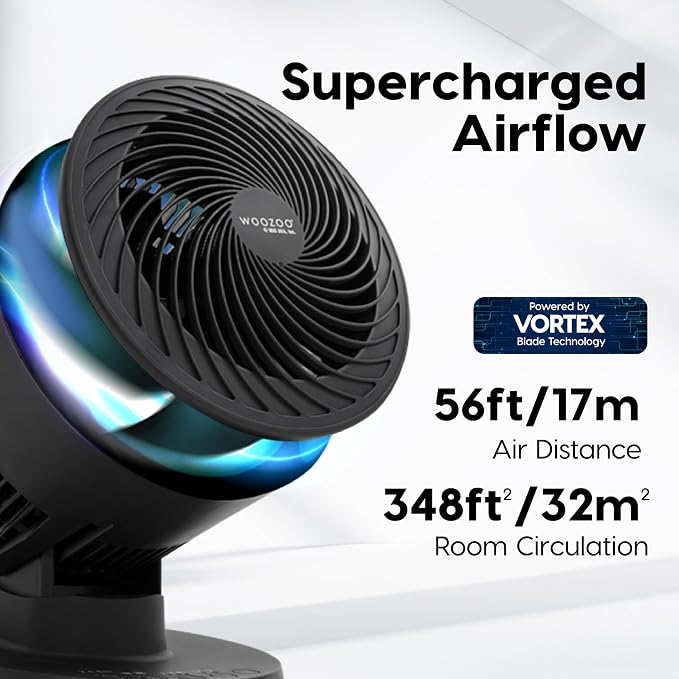 WOOZOO Air Circulator Fan with Remote, Oscillating, 3 Speeds, 56ft Max Air Distance, Adjustable Tilt, Quiet Motor, Small Fan