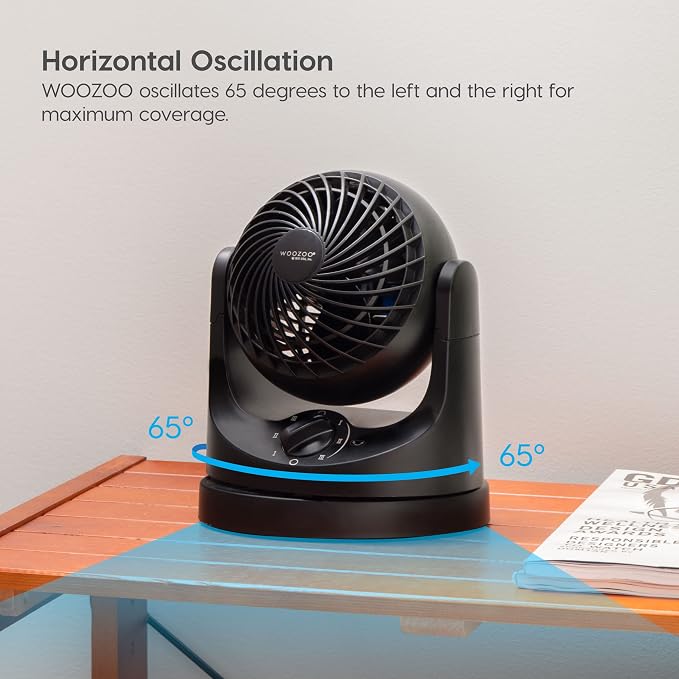 WOOZOO Desk Fan, Oscillating Table Air Circulator, 3 Speeds, 32ft Max Air Distance, 112° Adjustable Tilt, 27.5db Quiet Motor