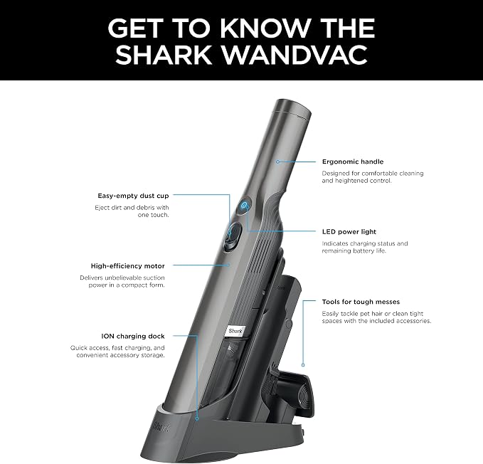 WV201 WANDVAC Handheld Vacuum, Lightweight at 1.4 Pounds with Powerful Suction, Charging Dock, Single Touch Empty and