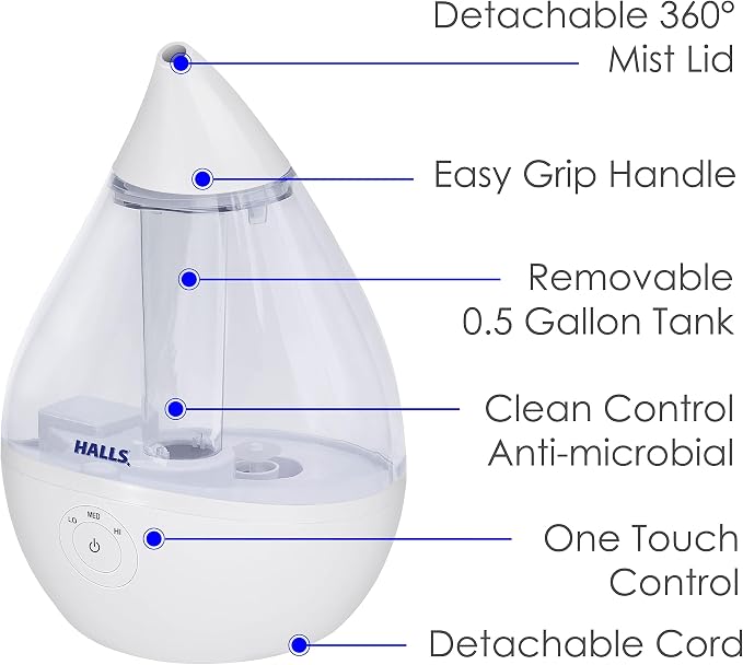 x HALLS Droplet Ultrasonic Small Air Humidifiers for Bedroom and Office, 0.5 Gallon Cool Mist Humidifier for Plants and Home