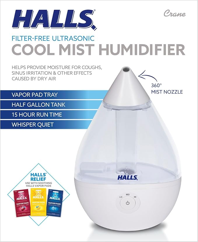 x HALLS Droplet Ultrasonic Small Air Humidifiers for Bedroom and Office, 0.5 Gallon Cool Mist Humidifier for Plants and Home