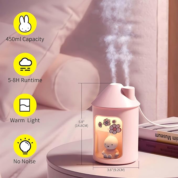 x miffy BTA700M Cool Mist Humidifier for Bedroom,Ultrasonic Quiet Humidifier with Night Light,450 ML Double Spray Humidifiers
