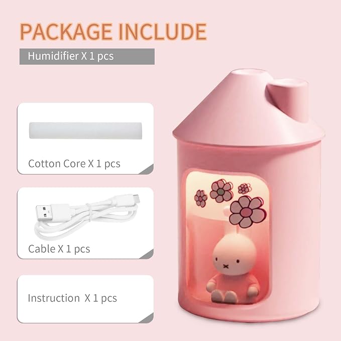 x miffy BTA700M Cool Mist Humidifier for Bedroom,Ultrasonic Quiet Humidifier with Night Light,450 ML Double Spray Humidifiers