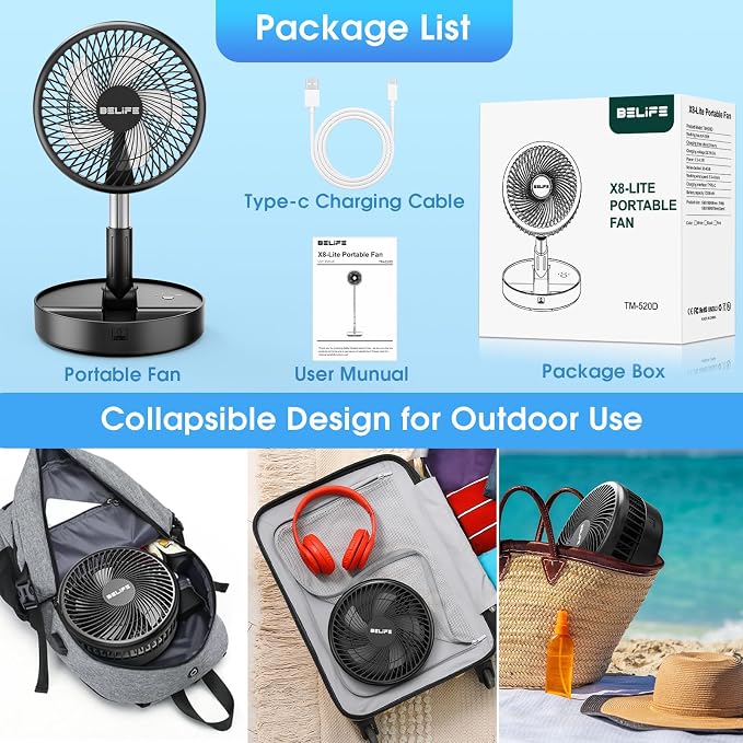 X8-Lite Portable Fan, 7200mAh Battery Powered Rechargeable,USB Desk Floor Fan with Remote, Foldable Telescopic Fan for Home