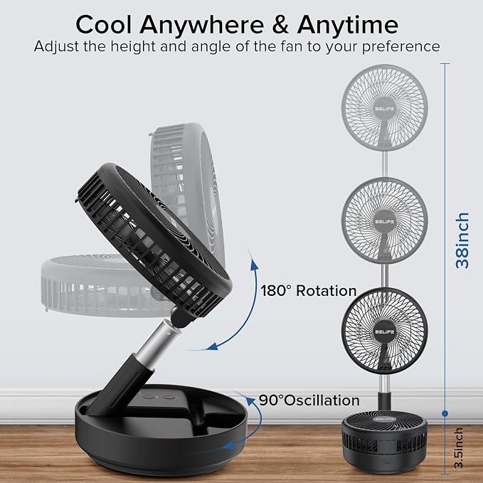 X8 Portable Fan, 7200mAh Battery Powered Rechargeable, Oscillating USB Desk Floor Fan with Remote, Foldable Telescopic Fan