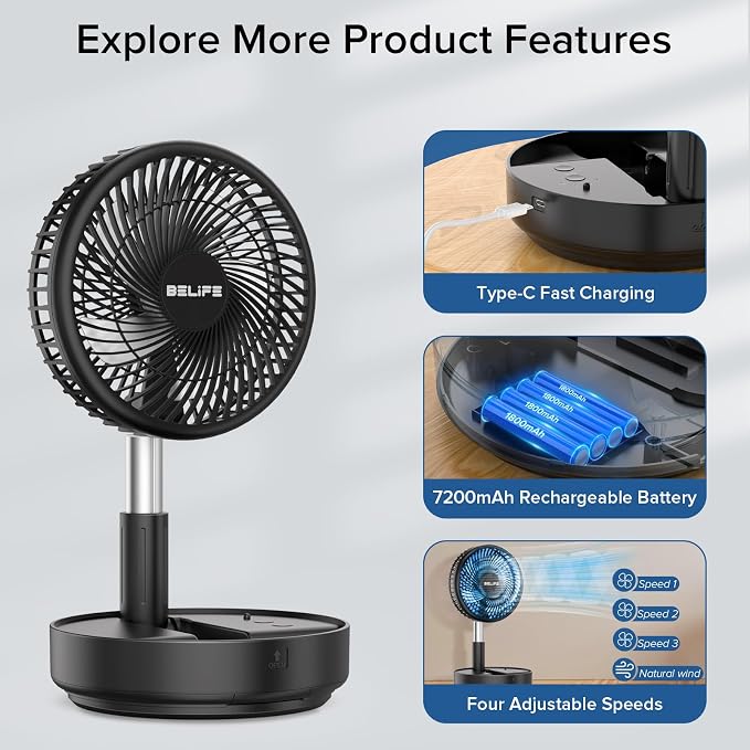 X8 Portable Fan, 7200mAh Battery Powered Rechargeable, Oscillating USB Desk Floor Fan with Remote, Foldable Telescopic Fan