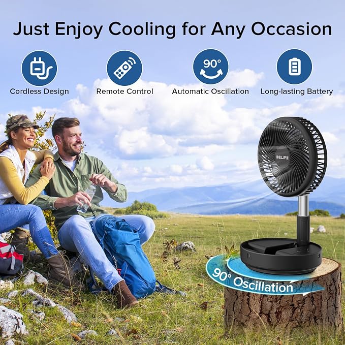 X8 Portable Fan, 7200mAh Battery Powered Rechargeable, Oscillating USB Desk Floor Fan with Remote, Foldable Telescopic Fan