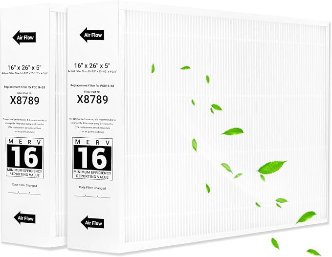 X8789 Filter 16x26x5 MERV 16 Filter – Compatible with Lennox X8789 and PureAir PCO16-28 Air Cleaner 2 Packs Carbon Clean