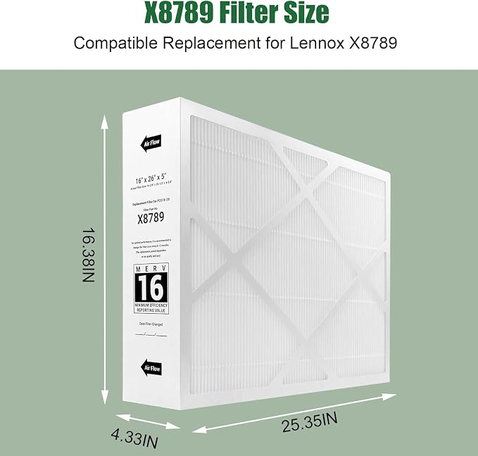 X8789 Filter 16x26x5 MERV 16 Filter – Compatible with Lennox X8789 and PureAir PCO16-28 Air Cleaner 2 Packs Carbon Clean
