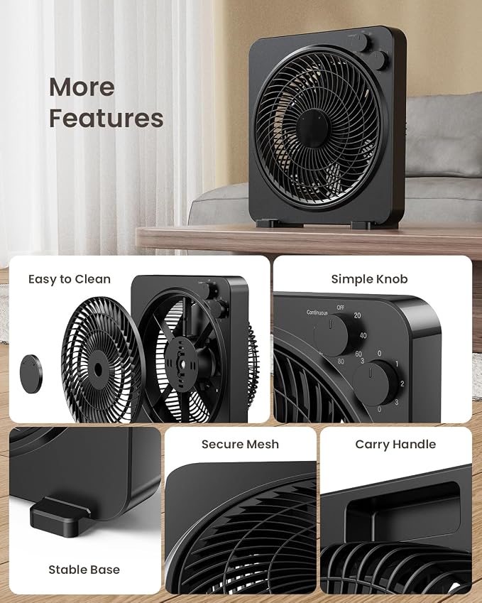 XHK 13" Box Fan, Table Fan, Quiet Powerful Desk Fan with 3 Adjustable Speeds, 120 Min Timer, Compact & Portable, alternate