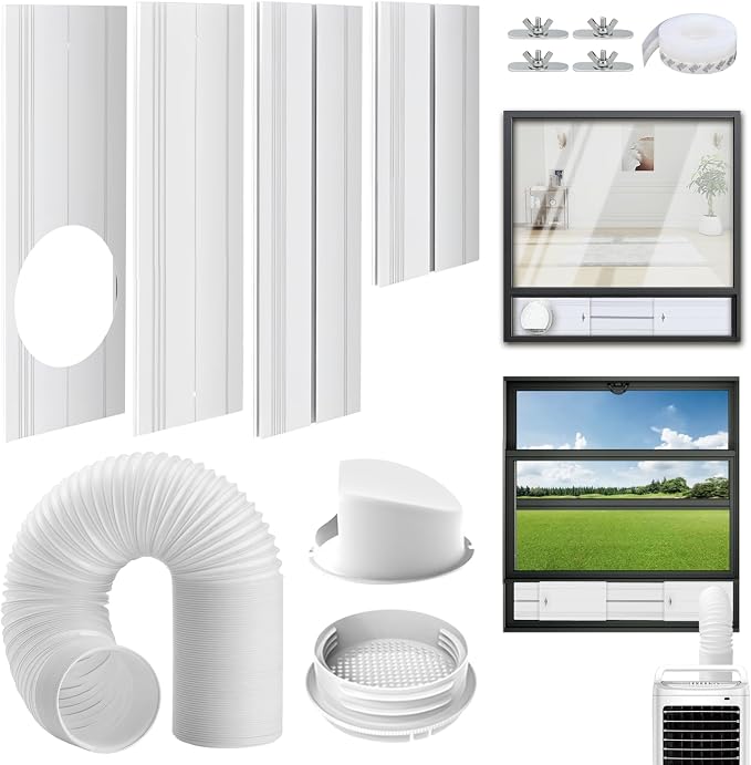 Portable AC Window Vent Kit inclue 2M Exhaust Hose 5.9" & Waterproof Rain Cover & 4-in-1 Coupler Filter,Portable Air