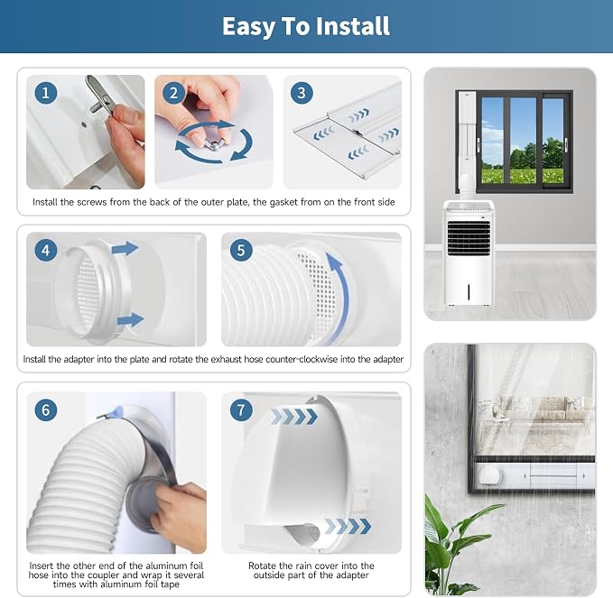 Portable AC Window Vent Kit inclue 2M Exhaust Hose 5.9" & Waterproof Rain Cover & 4-in-1 Coupler Filter,Portable Air