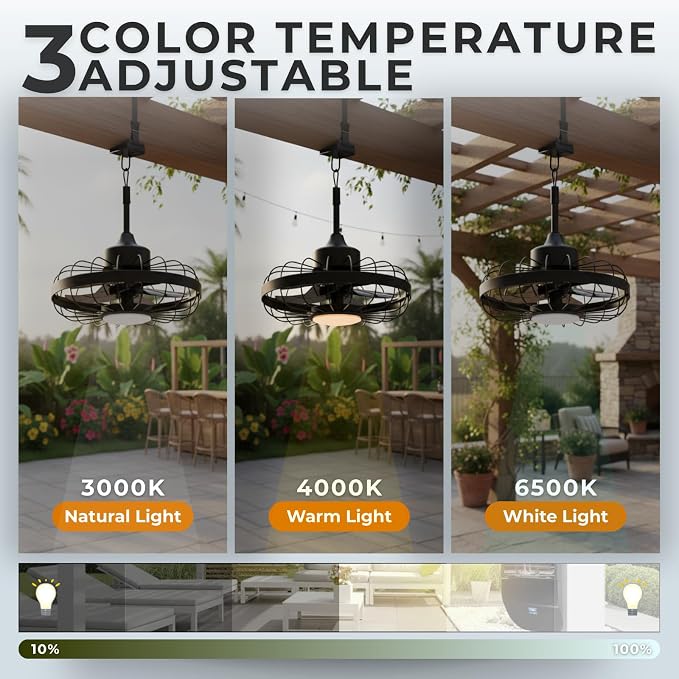 ZeboZap 16" Outdoor Ceiling Fan with Lights, IP65 WaterProof with for Patios, Canopy, Gazebo, and Pergola. Plug in Caged Fan