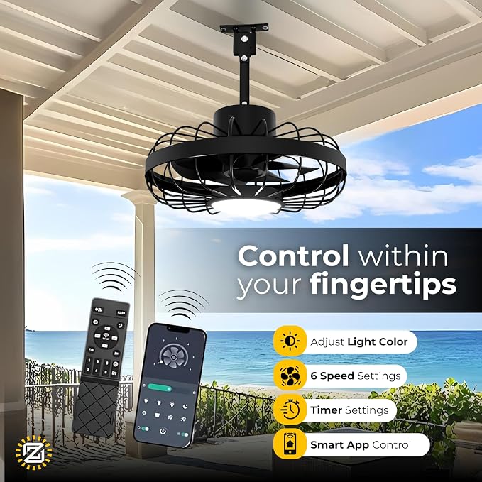 ZeboZap 16" Outdoor Ceiling Fan with Lights, IP65 WaterProof with for Patios, Canopy, Gazebo, and Pergola. Plug in Caged Fan
