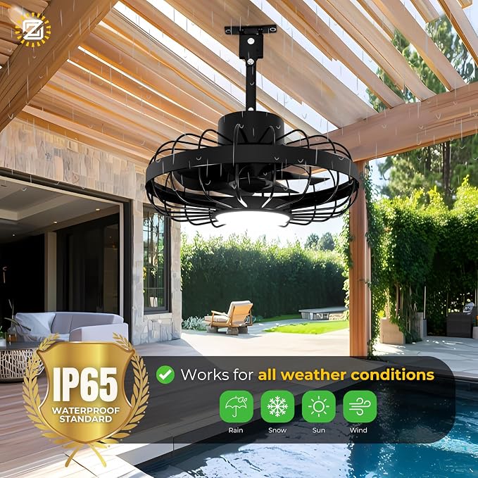 ZeboZap 16" Outdoor Ceiling Fan with Lights, IP65 WaterProof with for Patios, Canopy, Gazebo, and Pergola. Plug in Caged Fan