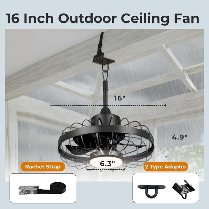 ZeboZap 16" Outdoor Ceiling Fan with Lights, IP65 WaterProof with for Patios, Canopy, Gazebo, and Pergola. Plug in Caged Fan
